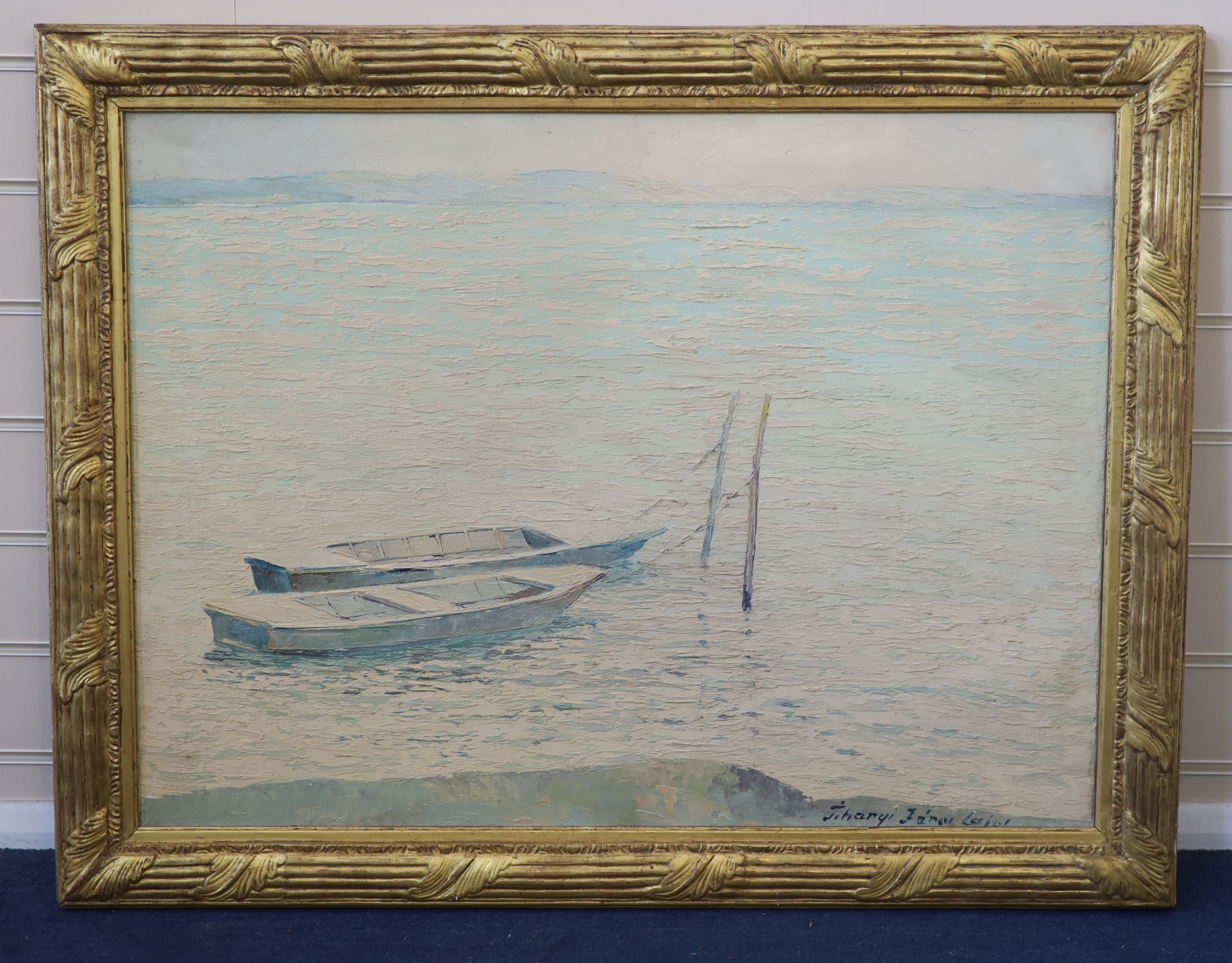 János Lajos Tihanyi (Hungarian, 1892-1957), Fishing boats on a calm sea, Oil on canvas, 60 x 80cm.